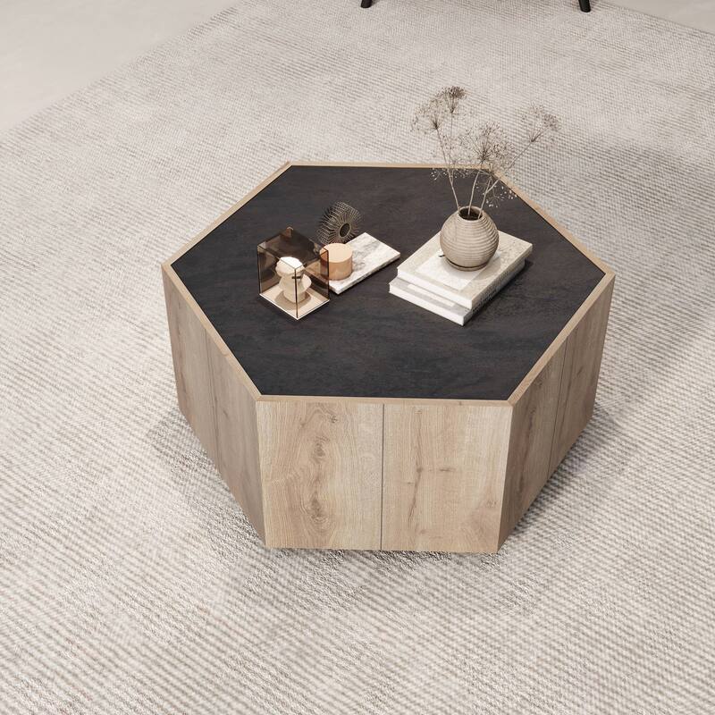 Mieres Modern Coffee Table, Wooden Cocktail Table, Hexagonal Coffee Table with Textured Black and 2 drawers Center Table