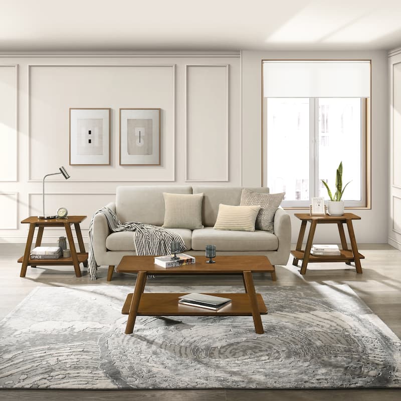 Mid-Century Modern Wood Shelf 3-Piece Coffee Table Set, Walnut Finish - Walnut