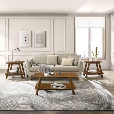 Mid-Century Modern Wood Shelf 3-Piece Coffee Table Set, Walnut Finish