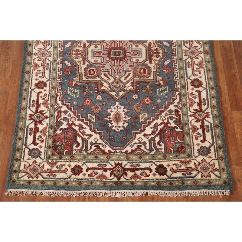 Geometric Blue Heriz-Serapi Oriental Accent Rug Handmade Wool Carpet - 4'1"x 6'0"