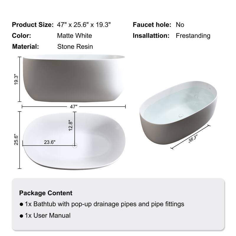 Solid Surface Freestanding Soaking Bathtub with Center Drain and Pop-up Drain, Modern Tubs with Overflow