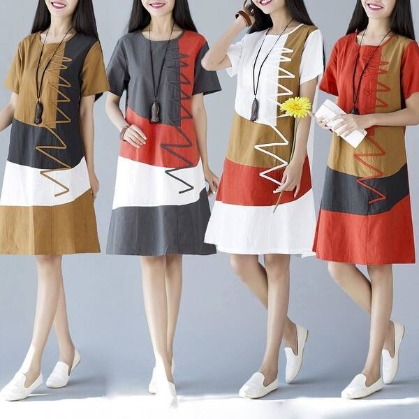 Shop 2018 Summer Cotton And Linen Dress Short Sleeve O Neck A Line