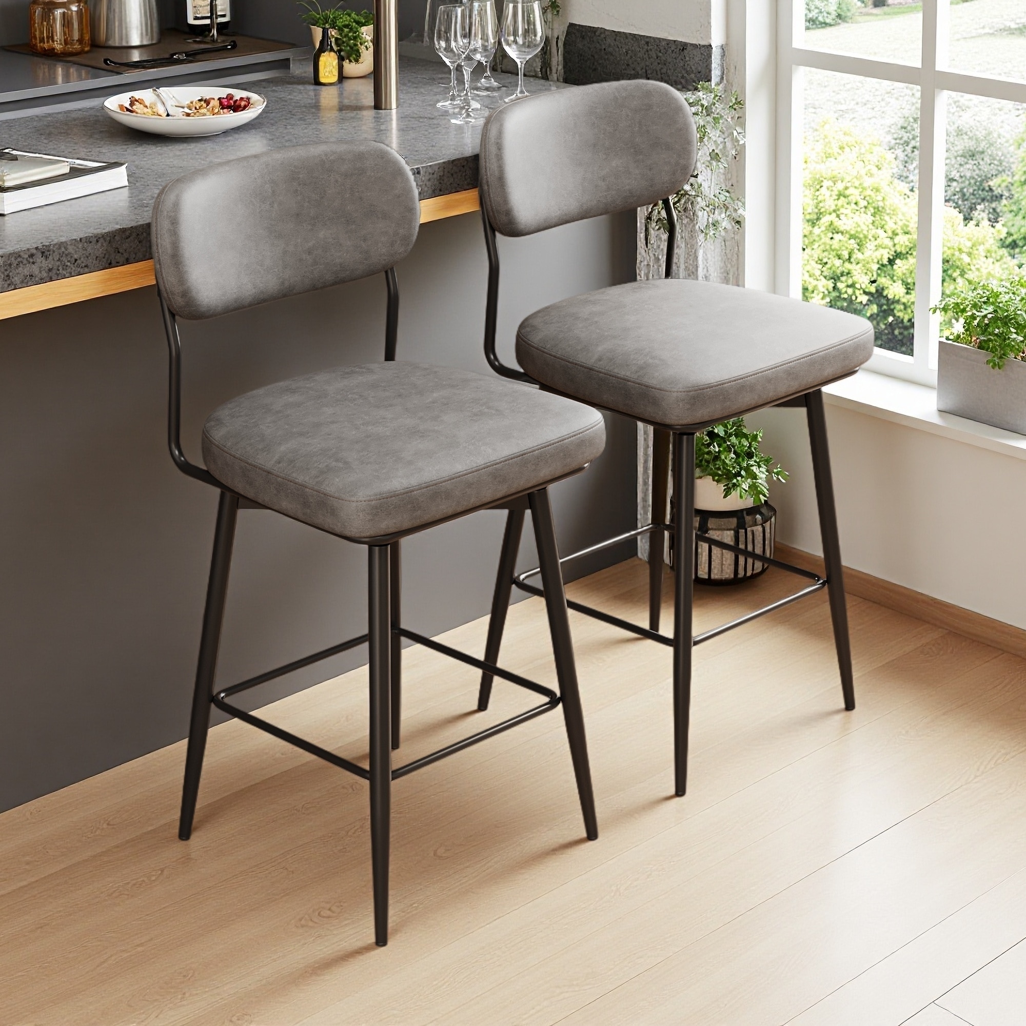 40"H Set of 2 360° Swivel Bar Stools with Leather Cushions and Sturdy Iron Base -Adjustable Bar Chairs for Kitchen, Restaurant