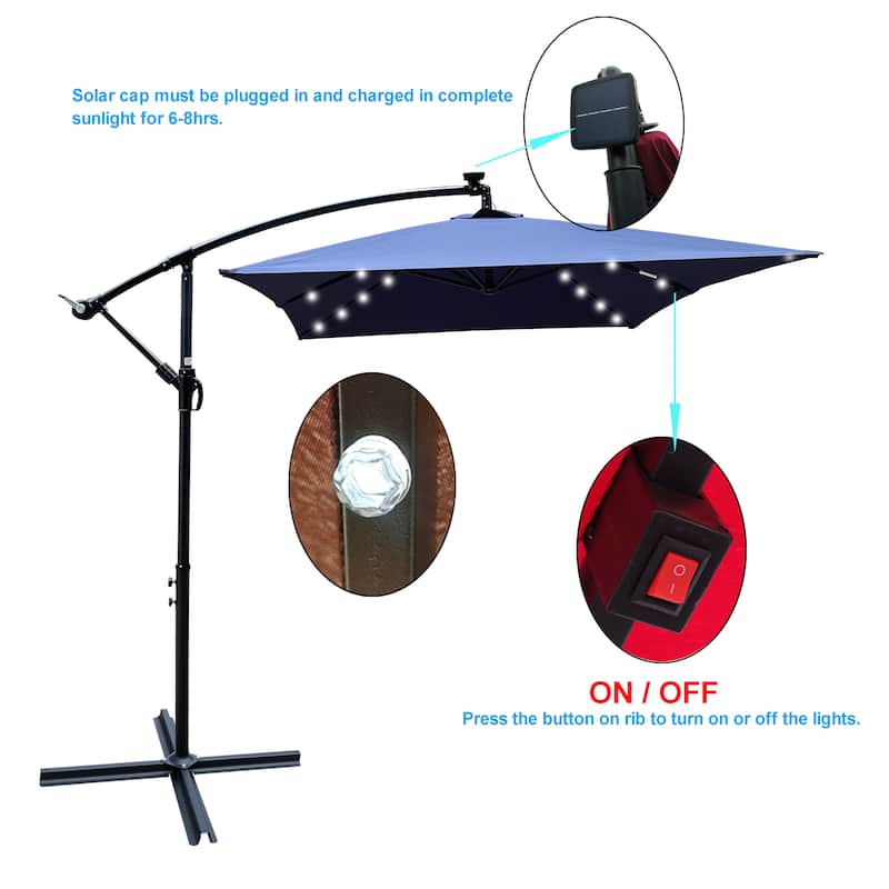 Rectangle 2x3M Patio Umbrella Solar Powered LED Lighted Sun Shade Market Waterproof 6 Ribs Umbrella with Crank and Cross Base