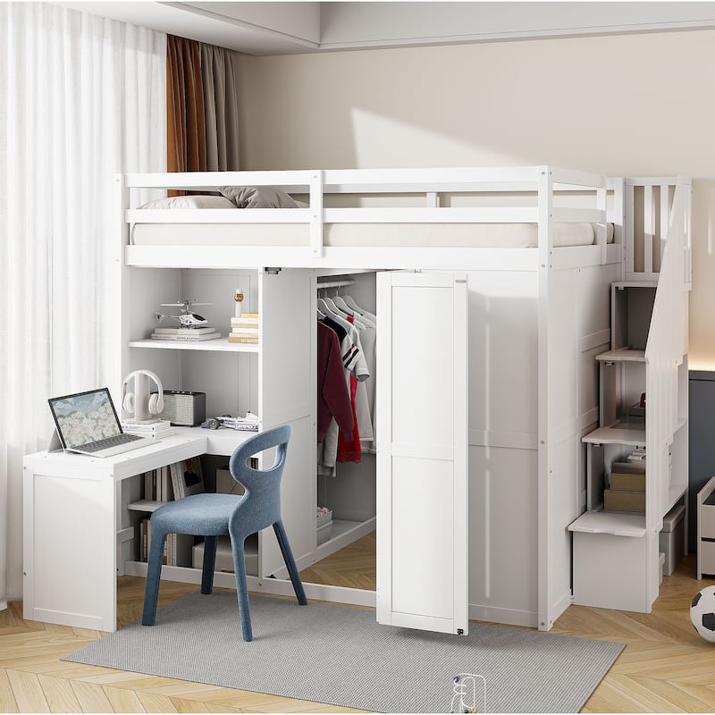 White Full Bunk Bed with Wardrobe, Desk & Shelves - White