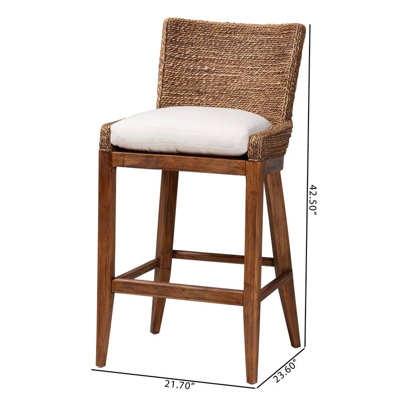 Ridley Seagrass Bar Stool with Mahogany Wood Frame - Coastal Seating with Woven Square Back and Cushioned Seat for Bar Island