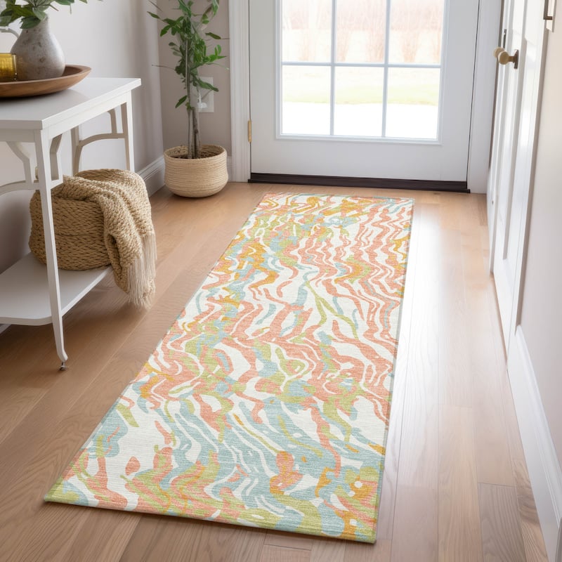 Machine Washable Indoor/ Outdoor Abstract Flow Chantille Rug - Coral - 2'3" x 7'6"
