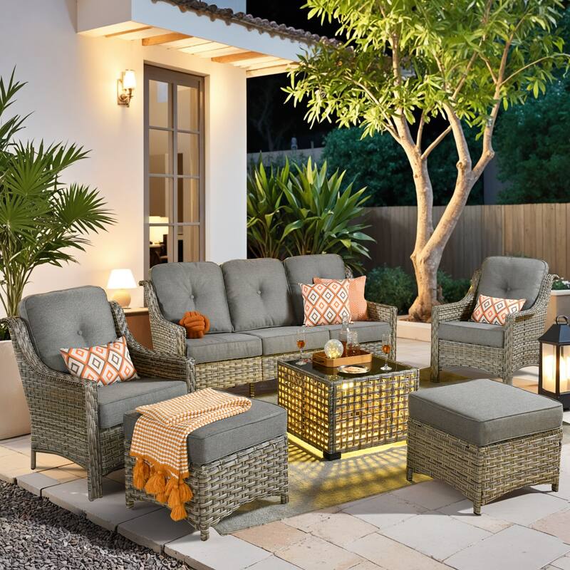 HOOOWOOO 6-pieces Wicker Patio Furniture Conversation Set with Coffee Table - Dark Grey