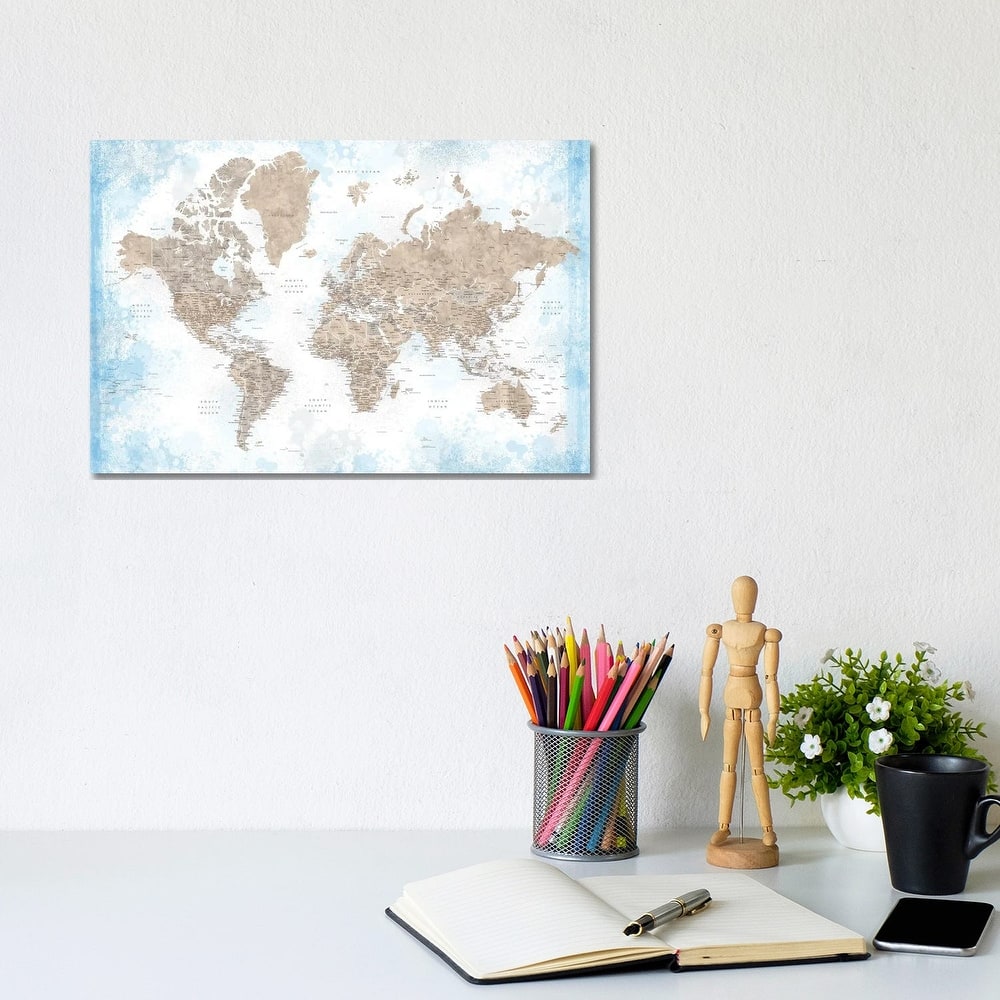 iCanvas "Watercolor Detailed World Map In Blue And Brown, Ghada" by blursbyai Canvas Print