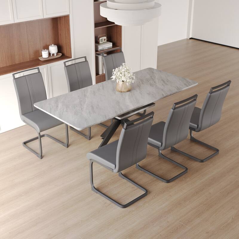 Modern Dining Set with Rectangular Extendable Table & C-shaped Tube Soft Padded Armless Chairs