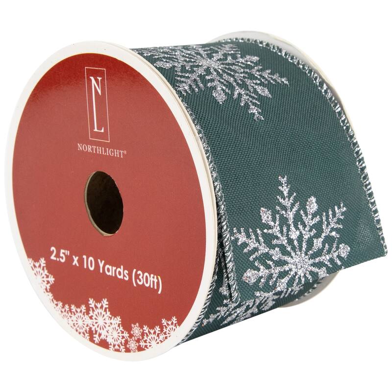Green with Glitter Snowflakes Wired Craft Christmas Ribbon 2.5" x 10 Yards