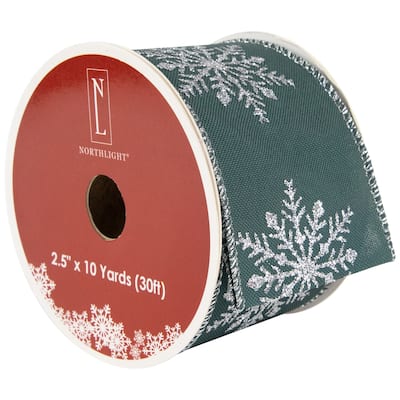Green with Glitter Snowflakes Wired Craft Christmas Ribbon 2.5" x 10 Yards