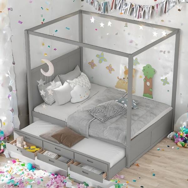 slide 2 of 36, Elegant Design Canopy Platform Bed featuring a Twin Size Trundle and Three Storage Drawers,Queen Size Gray