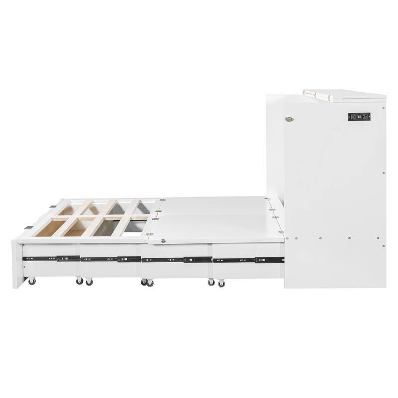 Queen Size Wall Bed with Drawer, USB Ports & Smooth Pulley Mechanism, Space-Saving White Cabinet Bed