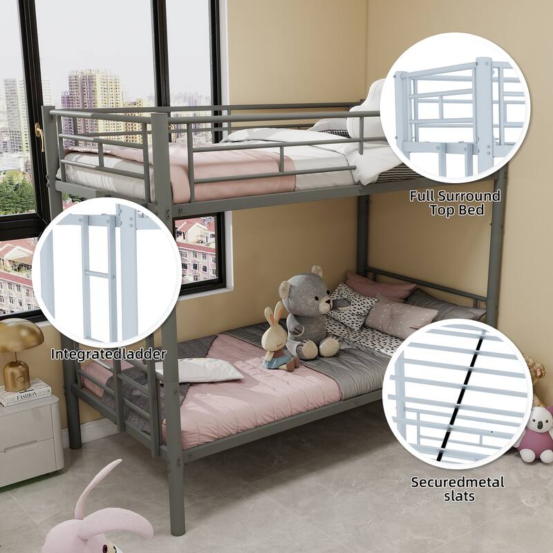 Metal Twin Over Twin Bunk Bed Frame with Ladders and Guardrail, Convertible to 2 Beds, Optional Trundle Bed