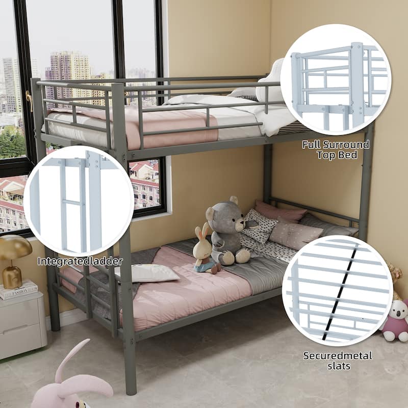 Roomfitters Twin Over Twin Metal Bunk Bed for Kids Boys Girls, Metal Structure Bedframe with Ladders & Guardrail