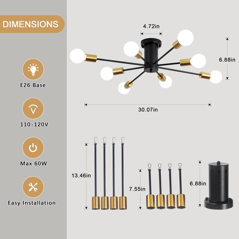 8-Light Modern Semi Flush Mount Sputnik Ceiling Light for Kitchen Bedroom Dining Room