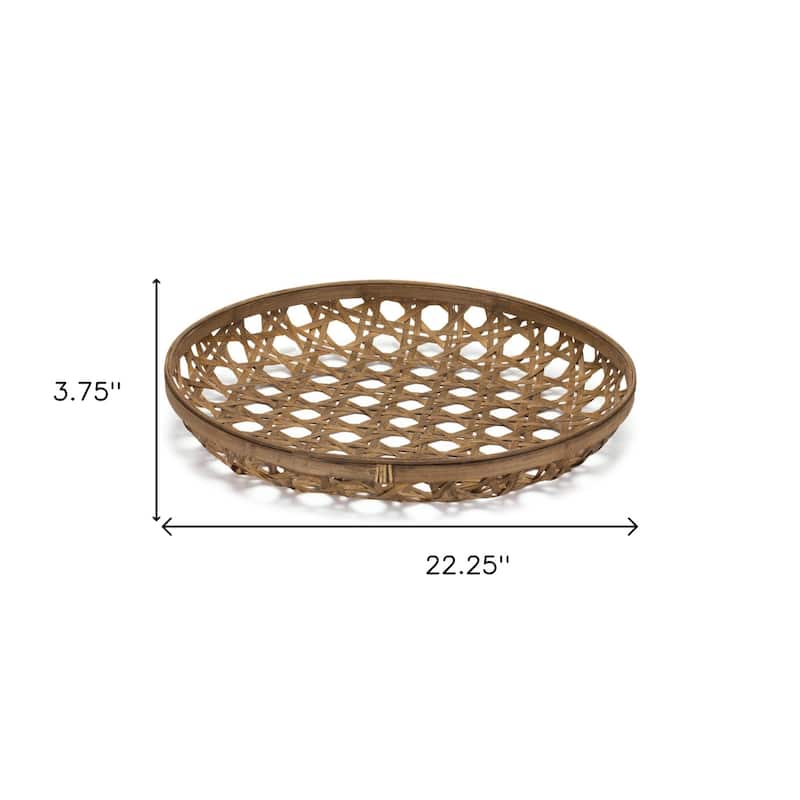 HomeRoots 22" Brown Bamboo Weave Round Wood Tray