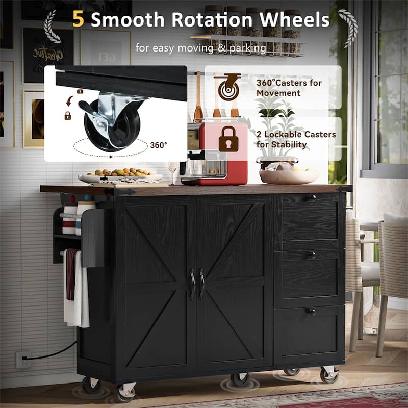 54.5"Wood Rolling Kitchen Island w/ Power Outlet,Internal Storage Rack