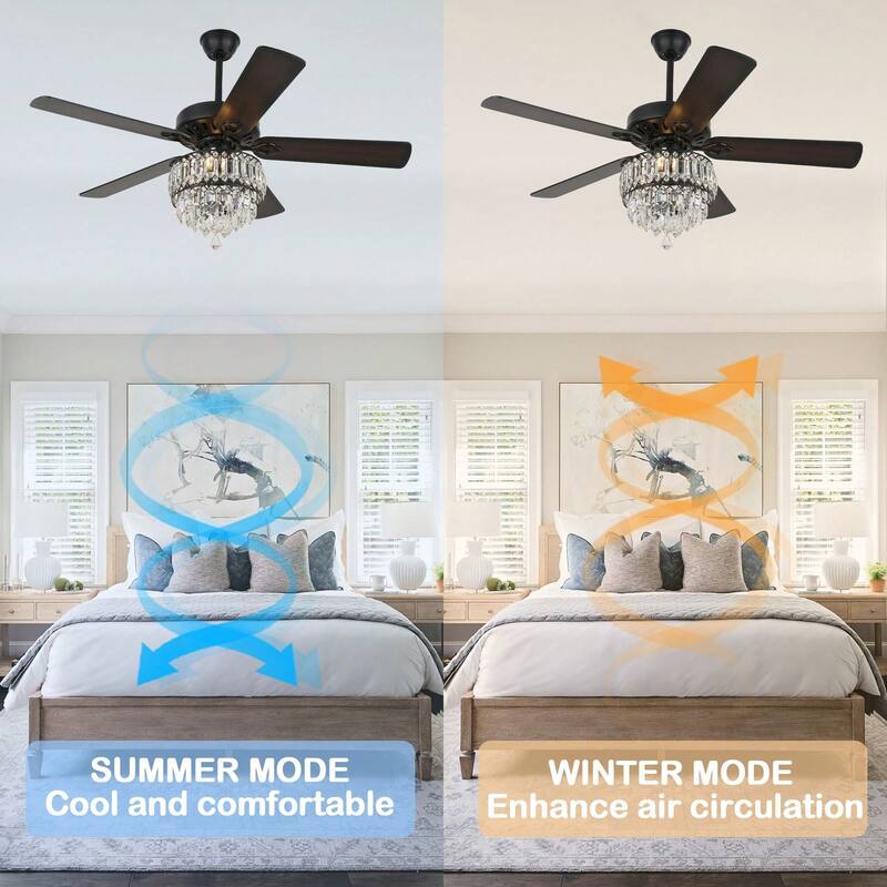 Cusp Barn 52.in. Modern Crystal Ceiling Fan with Remote and Pull Chain, 3 Speeds AC Motor Reversible Ceiling Fan for Bedroom