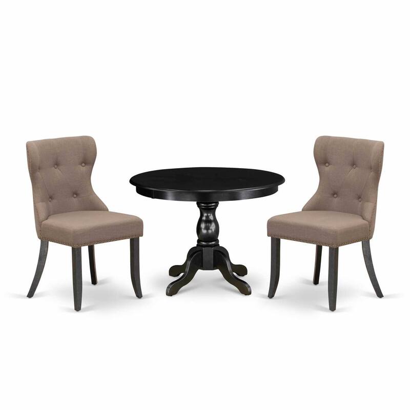 3-Piece Wire Brushed Black Solid Wood Top - Button Tufted Dining Room Set - Seats 4