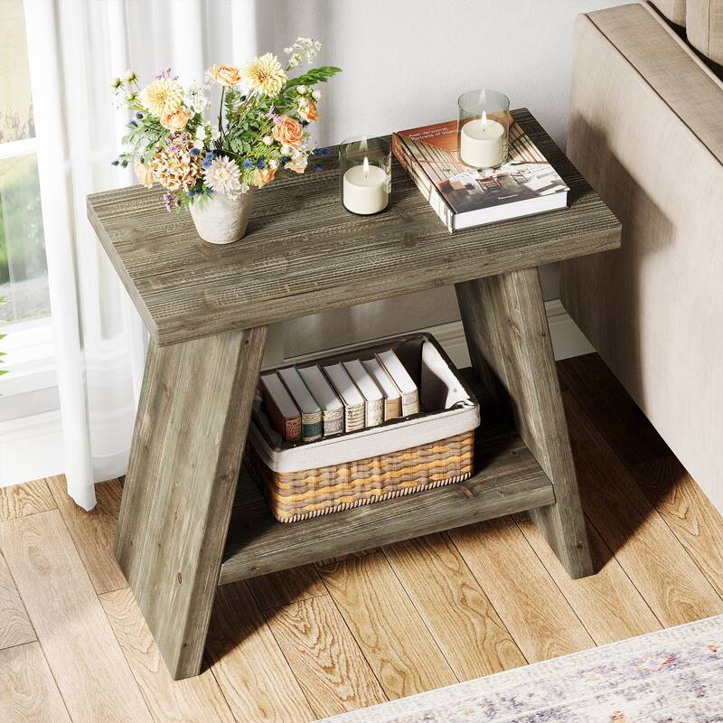 Solid Wood Farmhouse Side Table with 2-tier Storage Shelf