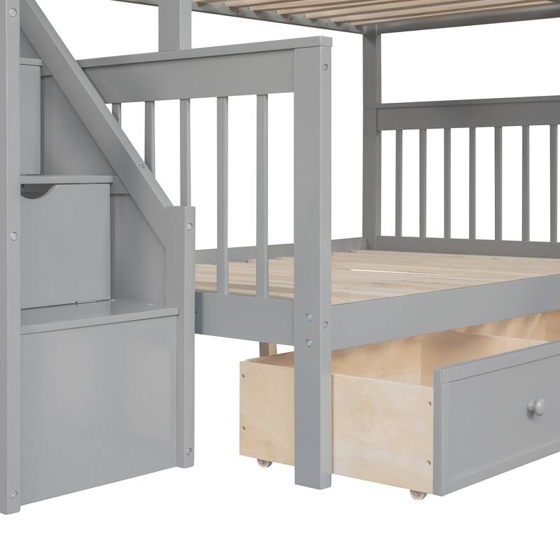 L-Shaped Twin Over Full Bunk Bed with Drawers, Ladder, and Staircase in Gray