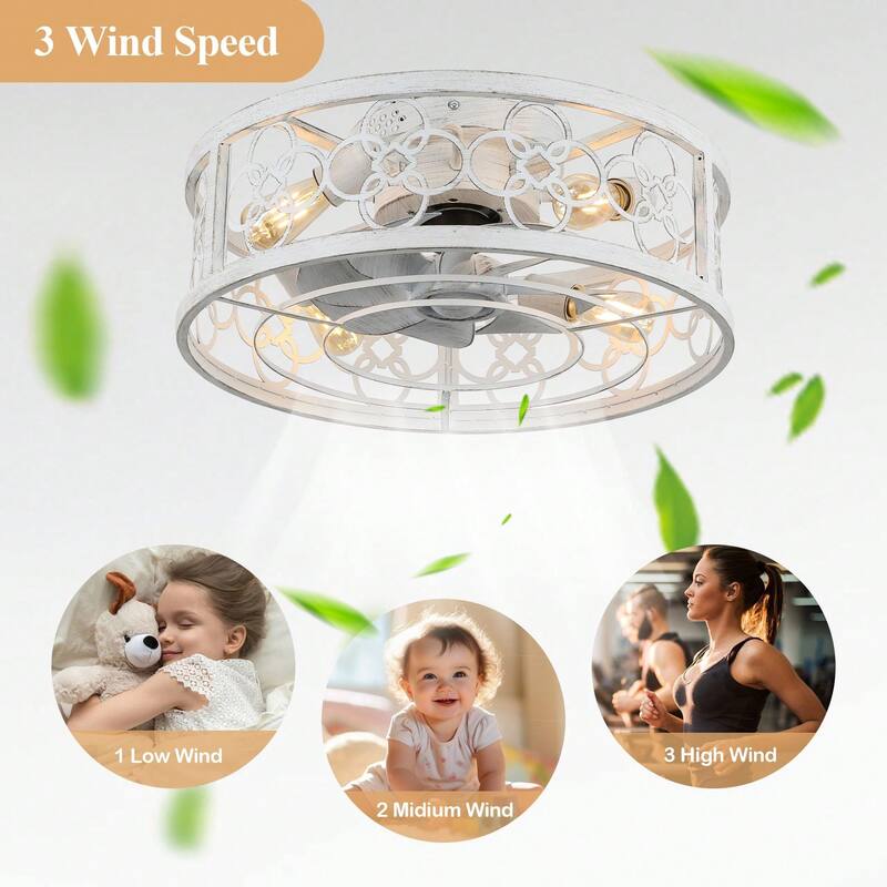 Cusp Barn 20 Inch Distressed White Ceiling Fan, Low Profile 6-Light Light Fixture, Caged Bladeless Flush Mount Fans for Bedroom