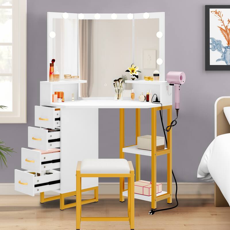 Modern 41.7" White Mirror Makeup Vanity Table with Stool and Light bulb - 41.7''L x 15.3''W x 55.3''H - White