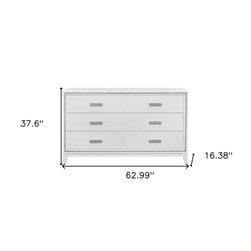 HomeRoots 63" White And Silver Faux Crystal Bling Wood Six Drawer Double Dresser