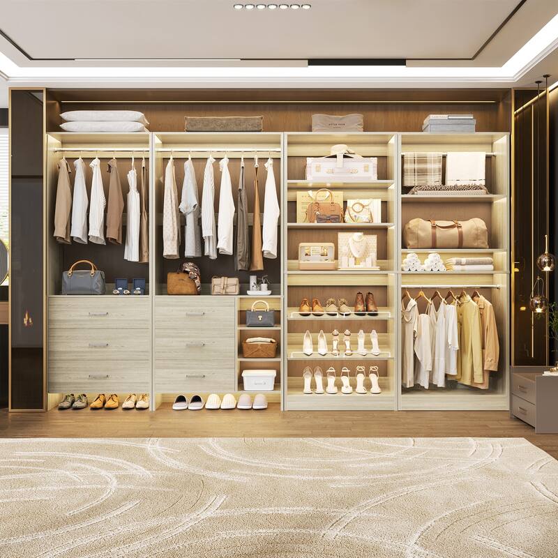 Cimly Set of 4 Closet Organizer with Drawers and Shoe Rack, Freestanding Closet System with Hanging Rods