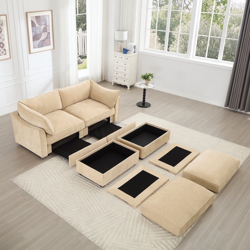 2-Seater Loveseat with 2 Movable Ottoman & Pull out Storage Drawer Under