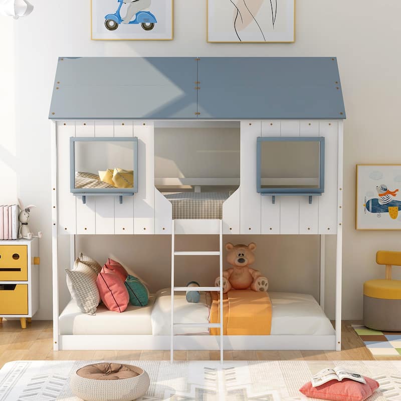 Twin over Twin Bunk Bed Wood Bed with Roof and Window, Ladder - White