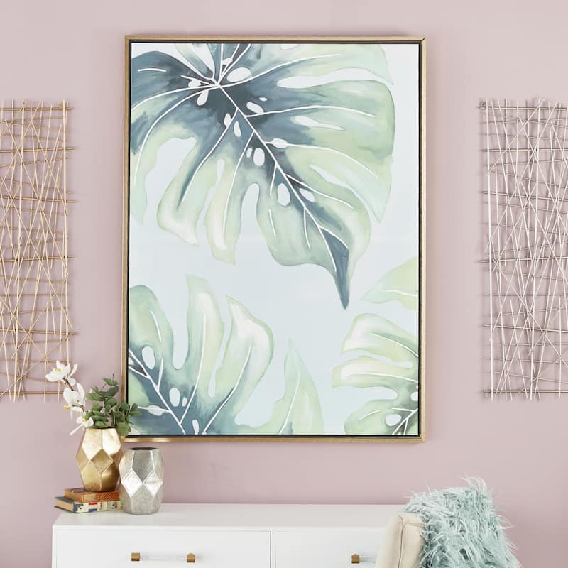 CosmoLiving by Cosmopolitan Green Canvas Monstera Leaf Living Room Framed Wall Art with Gold Frame