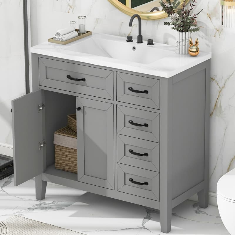 36" Bathroom Vanity with Ceramic Sink Combo and Drawers