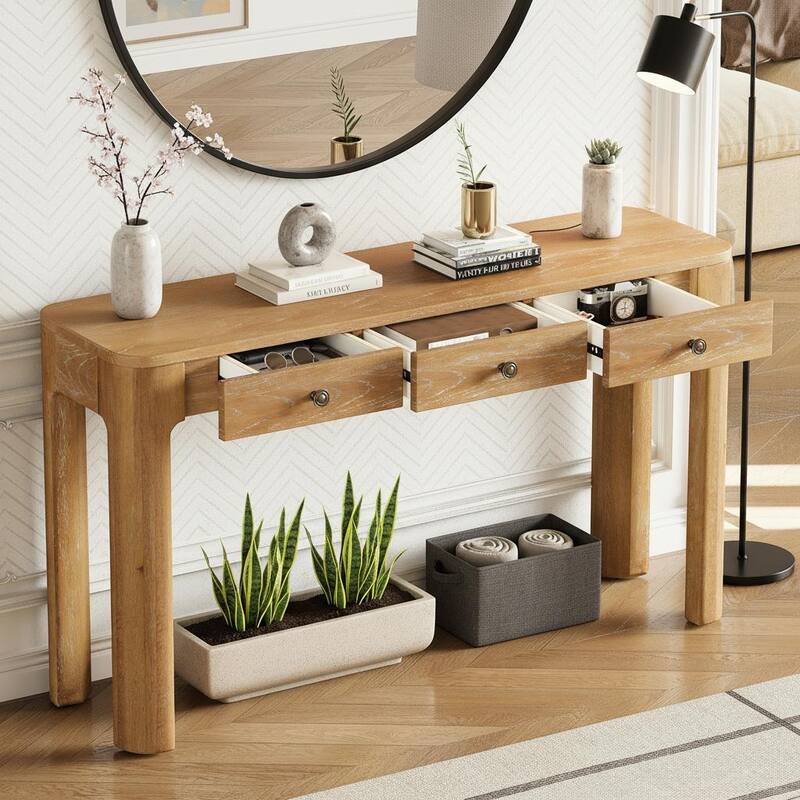 Rustic Console Table with 3 Hidden Drawers and Curved Safety Corners by Harper&Bright Designs - Natural