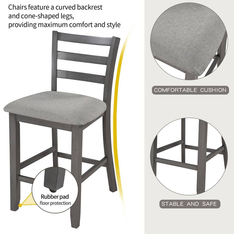 Vintage Counter Height Dining Table with Two Tiers Storage Shelves, Coffee Table & Chair Set, 4 Back Chairs
