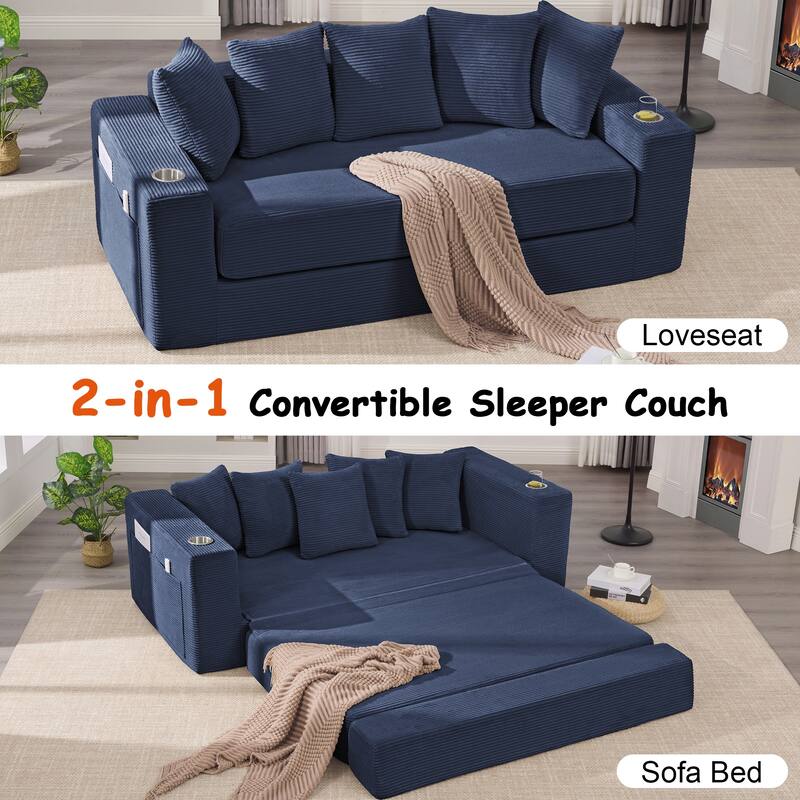 Convertible Sofa Bed, 76" Boneless Loveseat Couch 2 in 1 Foldable Floor Sofa Couch with 2 Cup Holders, Folding Sleeper Chair