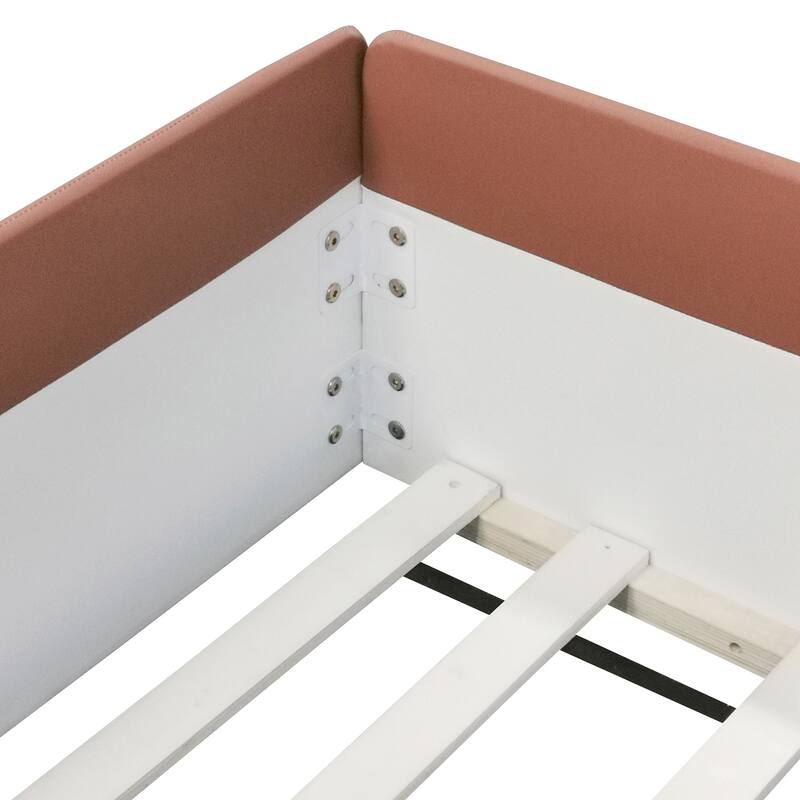 Modern Upholstered Daybed with Fence and Stairs for Kids, Brown+White