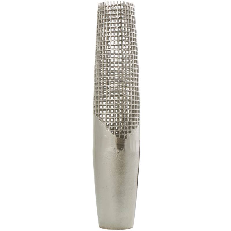 Silver Aluminum Metal Tall Grid Inspired Decorative Vase with Open Frame Design - 6"W, 29"H