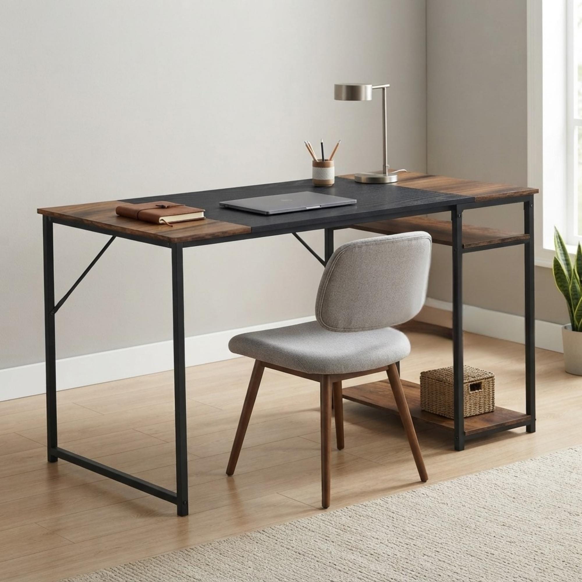 Homylin Computer Desk with 2-Tier Side Shelves, Black Brown Writing Desk with Metal Frame