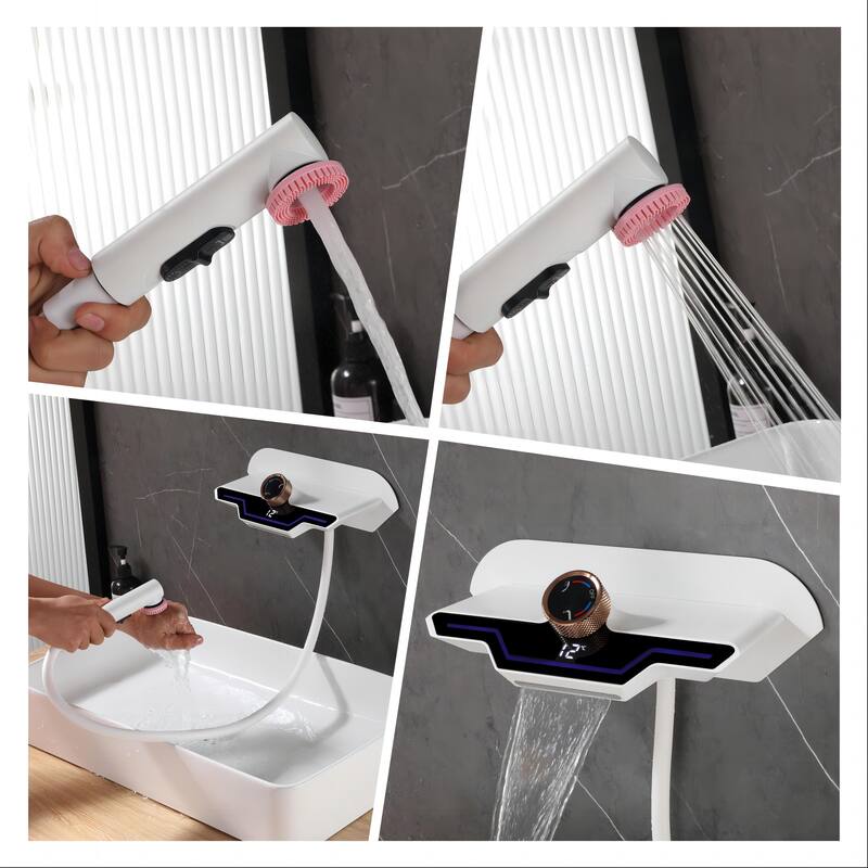 3-Way Digital Waterfall Bathroom Sink Faucet with Side Spray in Grey/White