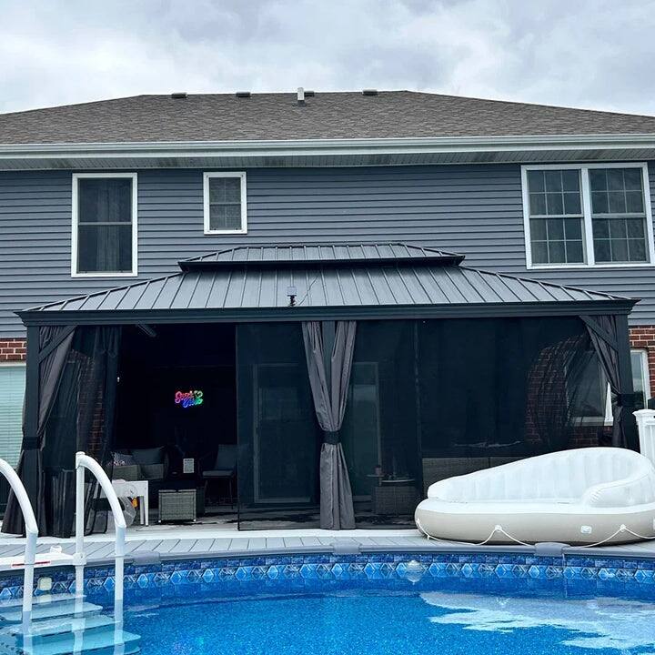 PURPLE LEAF Outdoor Galvanized Steel Hardtop Gazebo, Aluminum Frame Gazebo With Curtains
