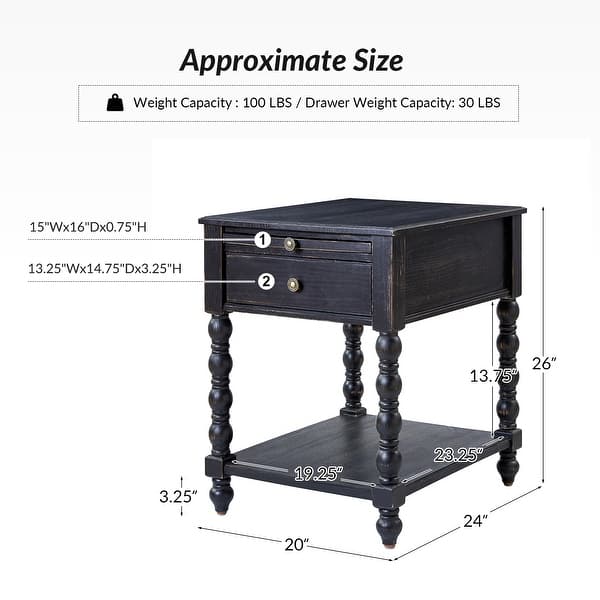 dimension image slide 0 of 5, HULALA HOME Eric Traditional 26" Tall Solid Wood End Table with Built-in Charging Station and Extendable Tray