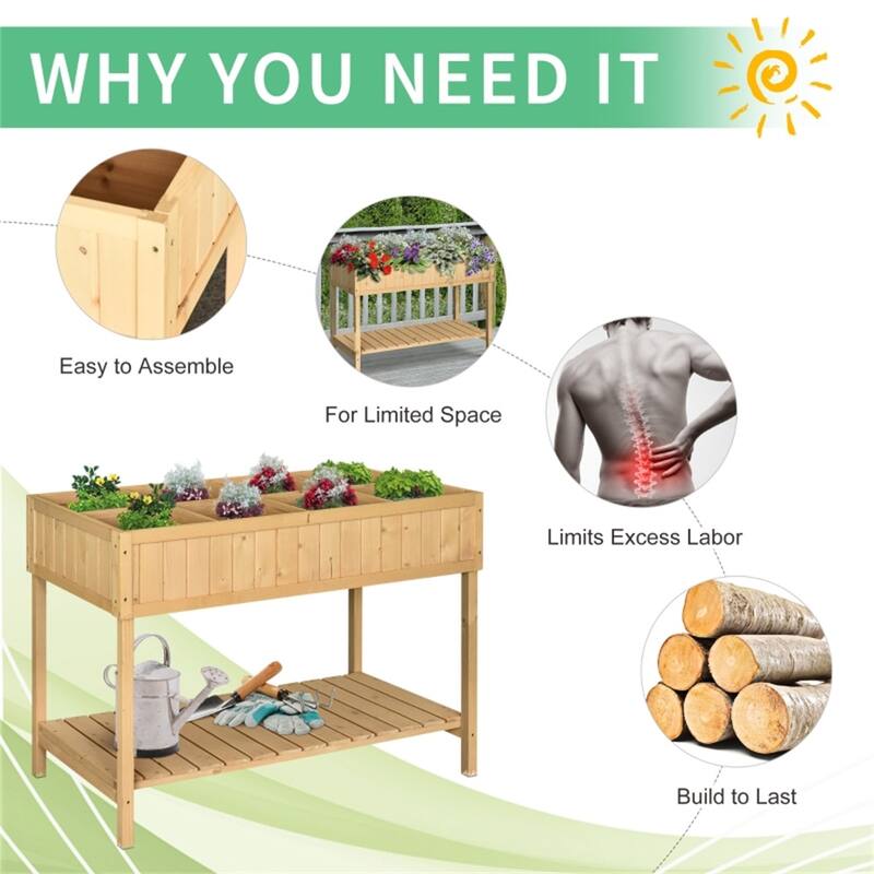 Natural Fir Wood 8-Compartment Raised Garden Bed with Storage Shelf - 43.25" L x 18" W x 30" H