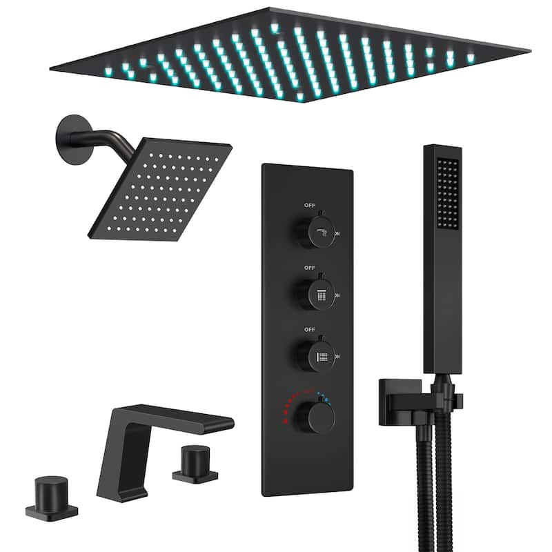 GRANDJOY LED 12" Rainfall Shower System Dual Shower Heads with 2-Handle Bathroom Sink Faucets Combo Set - Matte Black