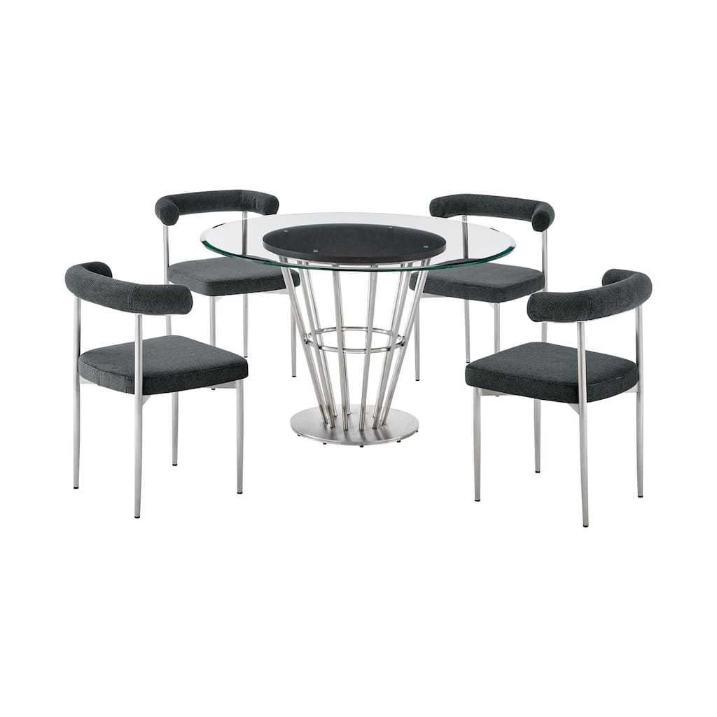 Round Glass Dining Table Set - 5 Piece Modern Dining Room Set w/ Chairs