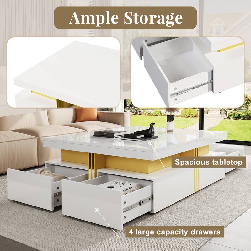 43.3" Modern Glossy Square Coffee Table with 4 Storage Drawers, High Gloss MDF Center Table for Living Room