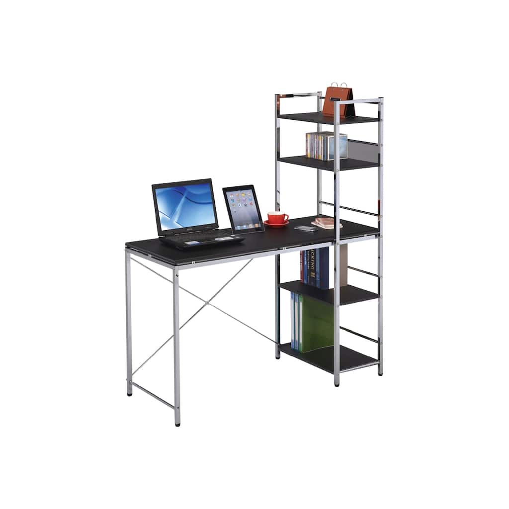 Industrial Style Writing Desk with Chromed Metal Frame and Wood Veneer Shelves