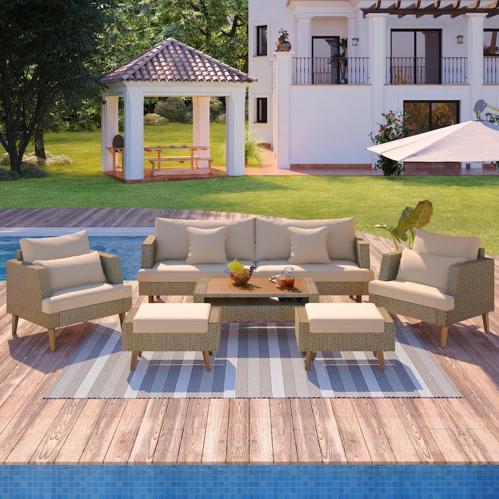 6-Pieces All Weather PE Wicker Sofa Set, Outdoor Rattan sofa With Double Cushions, Wood Legs Wood Table Top, Brown
